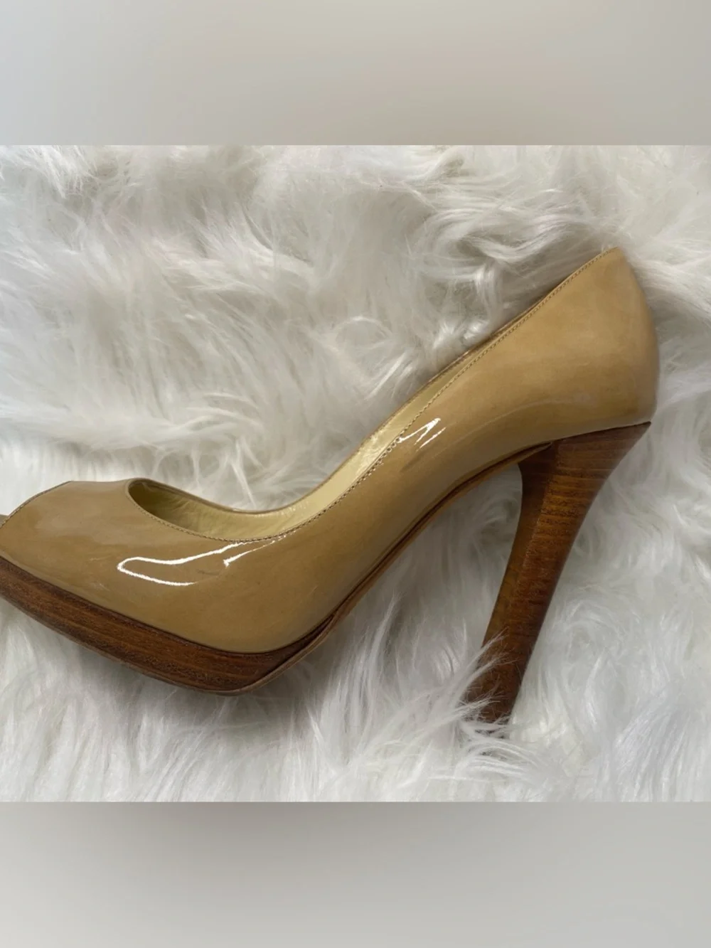 Jimmy Choo Nude Patent Leather Peep-Toe Pumps with Wooden Heels. Authentic - Picture 12 of 17